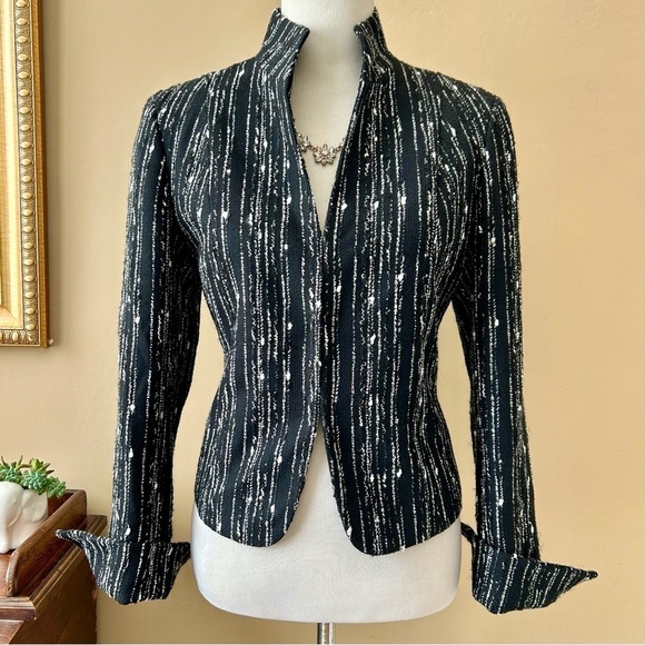 Lafayette 148 New York Black and White Textured Wool Blazer Jacket Split Cuff 6 - Picture 3 of 9